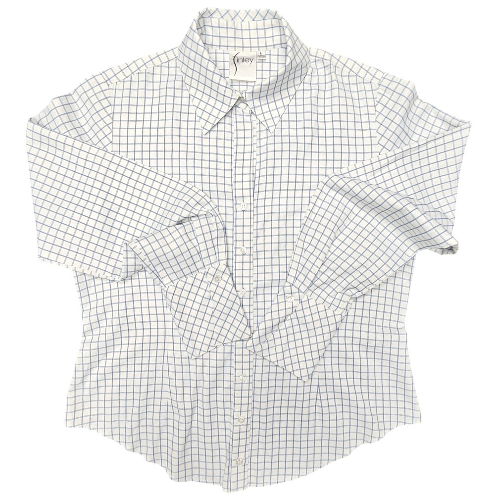 Finley Women's L Blue White Windowpane‎ Button Up Shirt Made USA Classic Top
